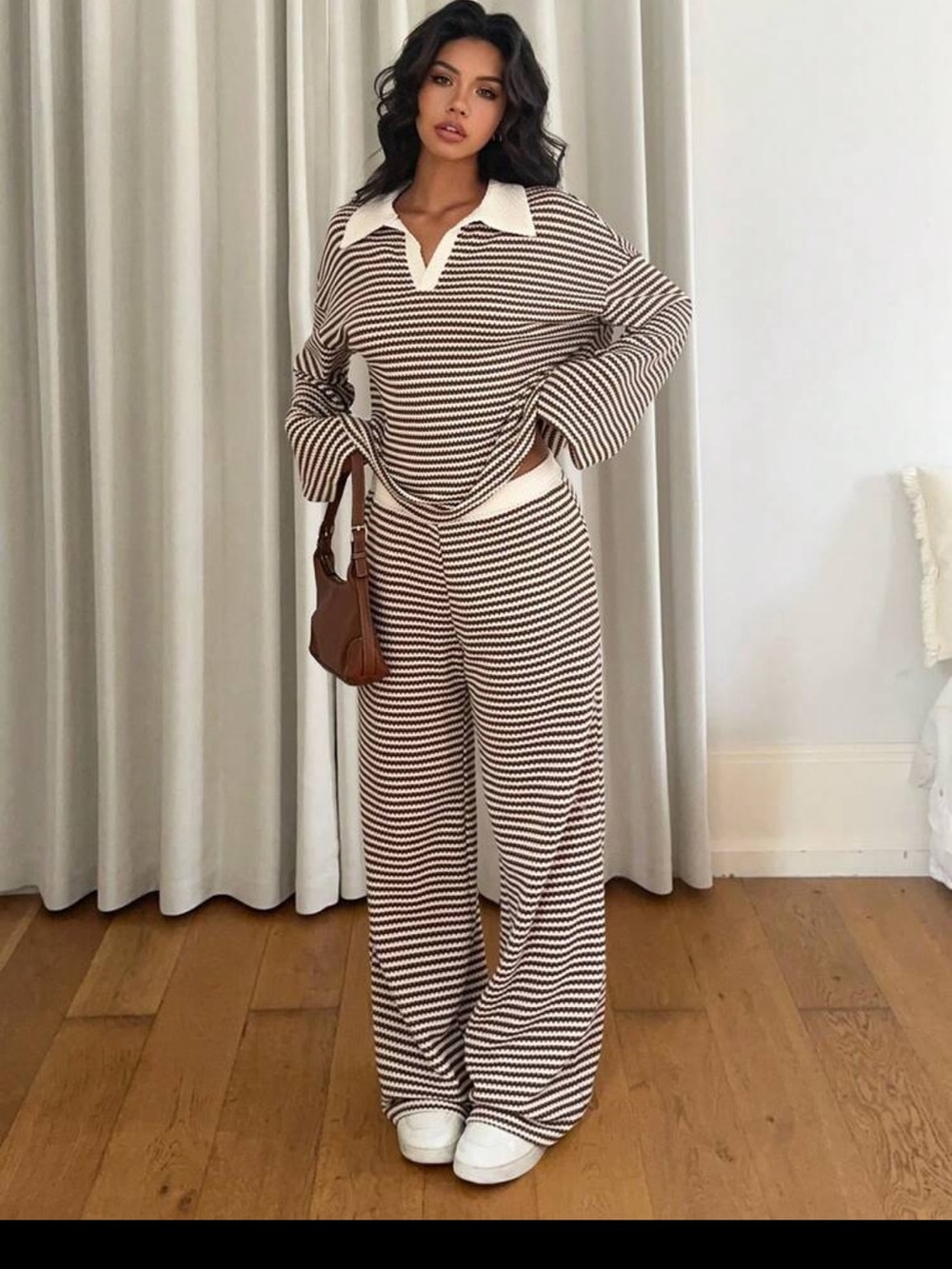 Striped Knit Wide-Leg Pants - Brown & Cream
